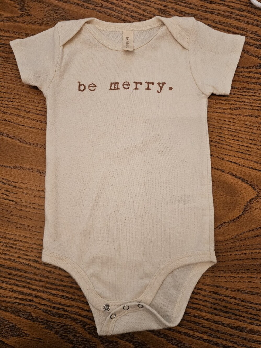 Tenth & Pine 12-18M "Be Merry" Cream One-Piece Bodysuit Organi Cottton